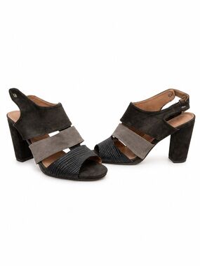 Chunky Heel Mocha Tisha-18 Suede Slingback Sandals- Blue Gray & Brownish Green